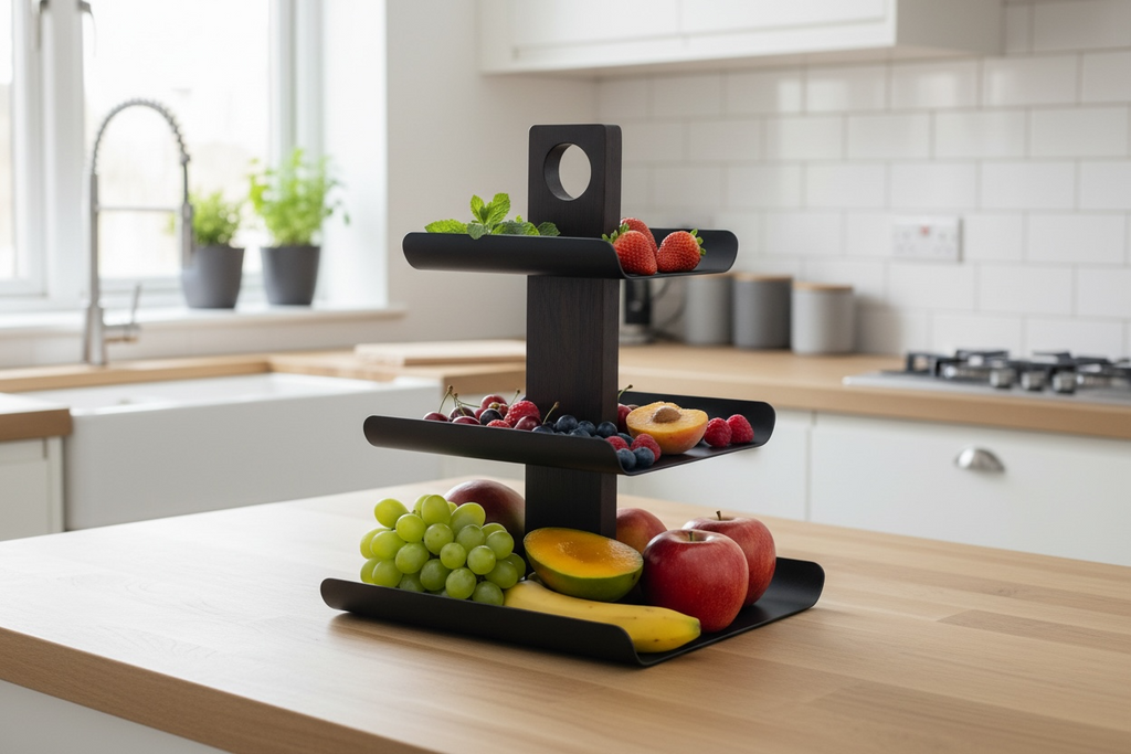 3-Tier Black Metal Fruit Stand with Smoked Oak Base
