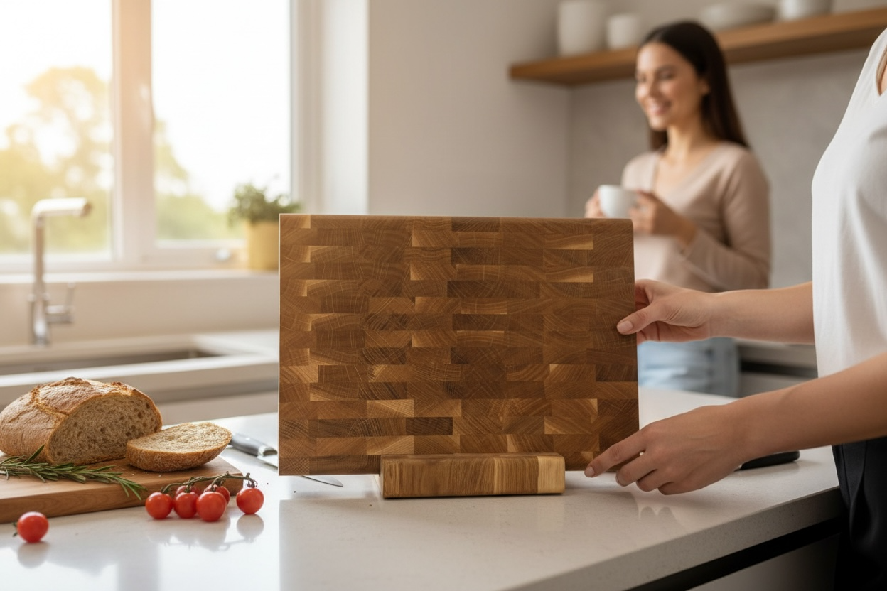 End Grain Oak Cutting Board Set with Rounded Sides and Wooden Stand – 350×250 & 400×300 mm