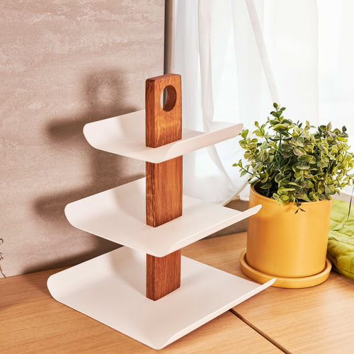 3-Tier White Metal Fruit Stand with Natural Oak Base