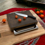 End Grain Smoked Oak Cutting Board with Stainless Steel Food Pan – 370×270×60 mm