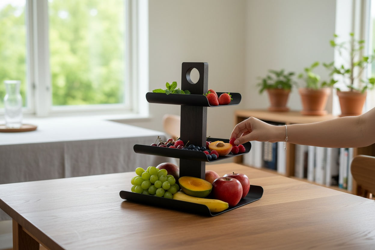 3-Tier Black Metal Fruit Stand with Smoked Oak Base