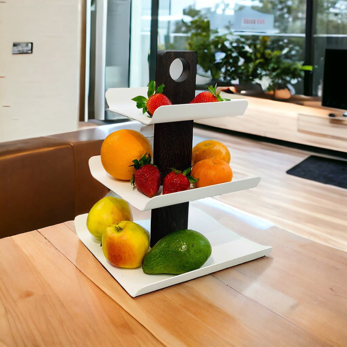 3-Tier White Metal Fruit Stand with Smoked Oak Base