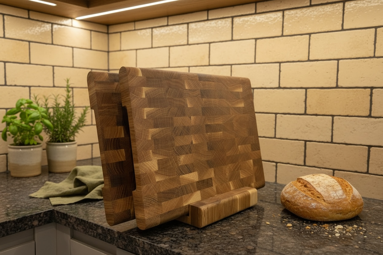 End Grain Oak Cutting Board Set with Rounded Sides and Wooden Stand – 350×250 & 400×300 mm