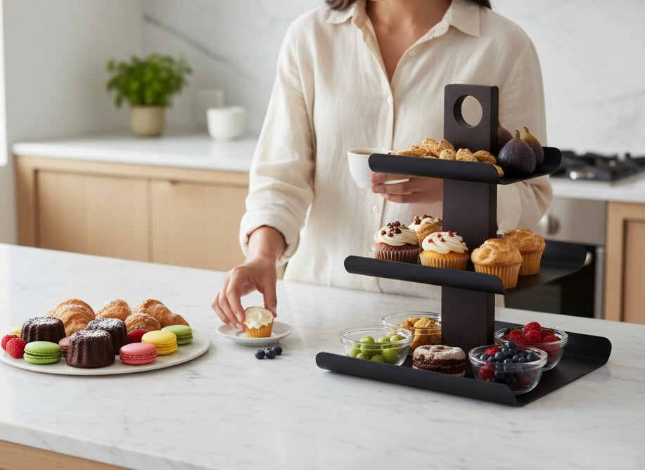 3-Tier Black Metal Fruit Stand with Smoked Oak Base