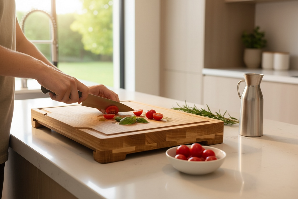 Oak Cutting Board with Stainless Steel Food Pan – 370×270×40 mm
