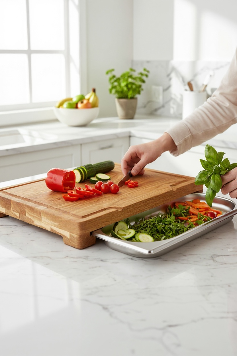 Oak Cutting Board with Stainless Steel Food Pan – 370×270×40 mm
