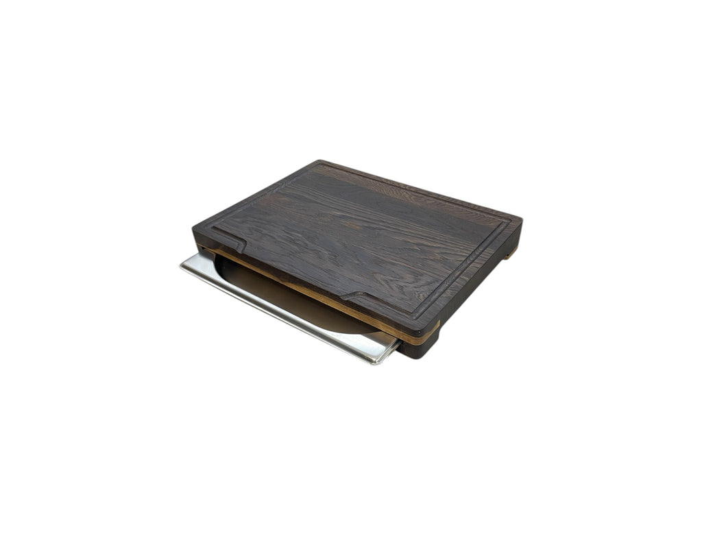 Smoked Oak Cutting Board with Stainless Steel Food Pan – 370×270×40 mm