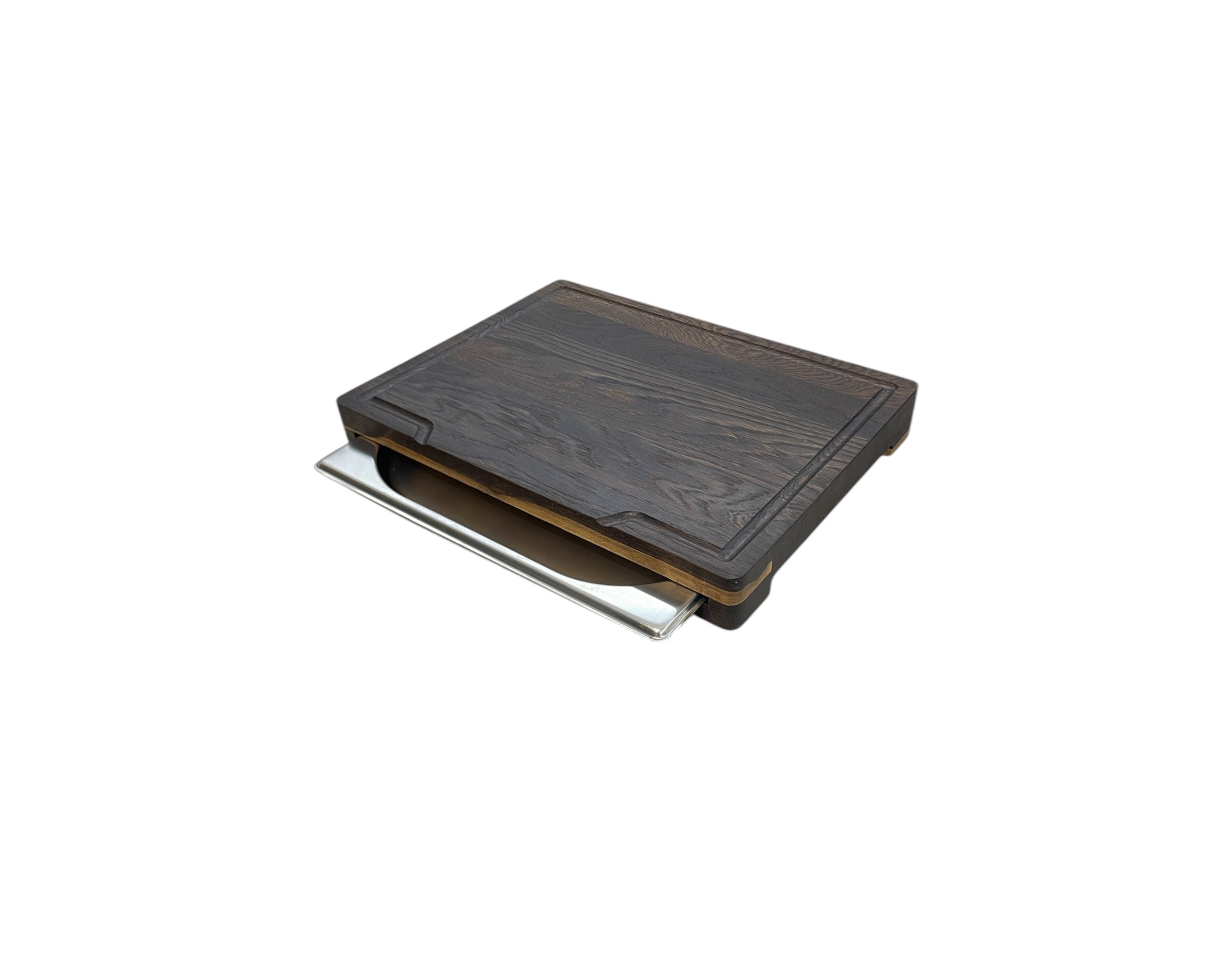 Smoked Oak Cutting Board with Stainless Steel Food Pan – 370×270×40 mm