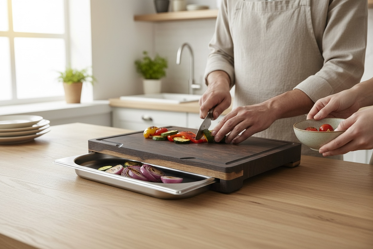 Smoked Oak Cutting Board with Stainless Steel Food Pan – 370×270×40 mm