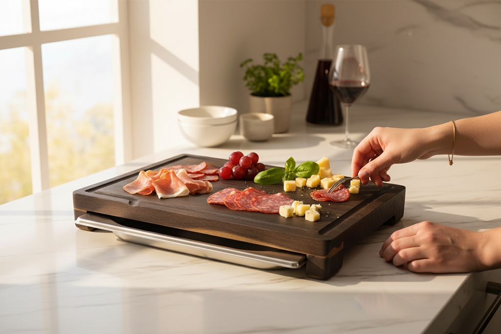 Smoked Oak Cutting Board with Stainless Steel Food Pan – 370×270×40 mm