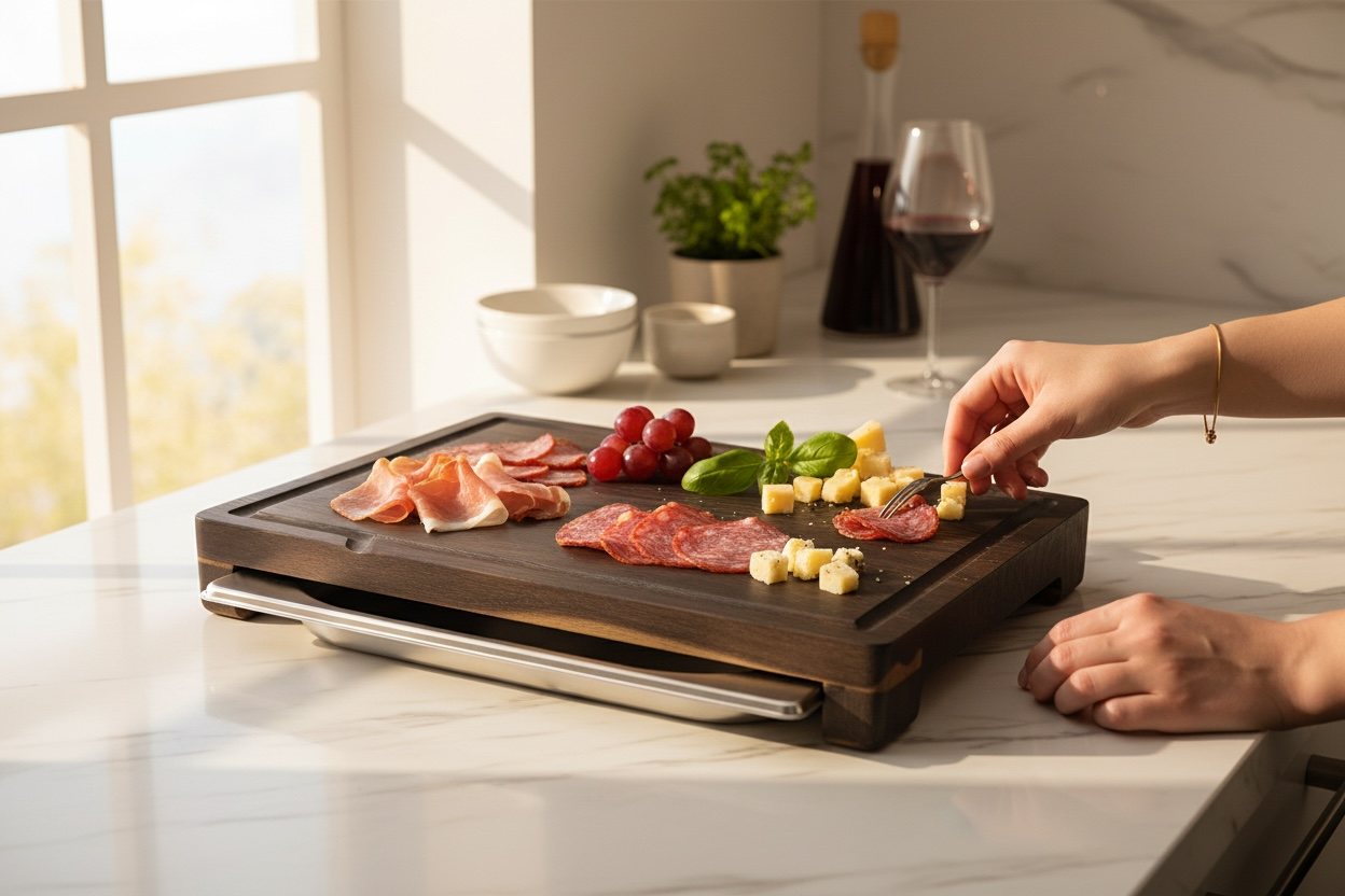Smoked Oak Cutting Board with Stainless Steel Food Pan – 370×270×40 mm