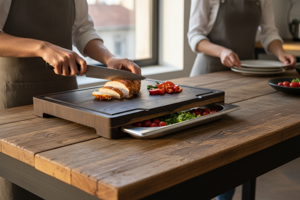 Smoked Oak Cutting Board with Stainless Steel Food Pan – 370×270×40 mm