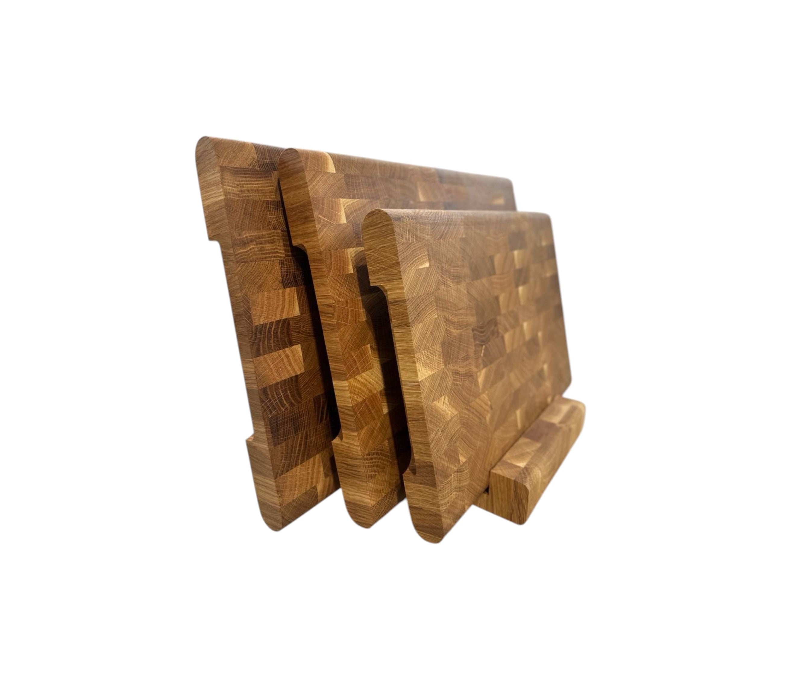 End Grain Oak Cutting Board Set (3 Pieces) with Rounded Sides and Wooden Stand