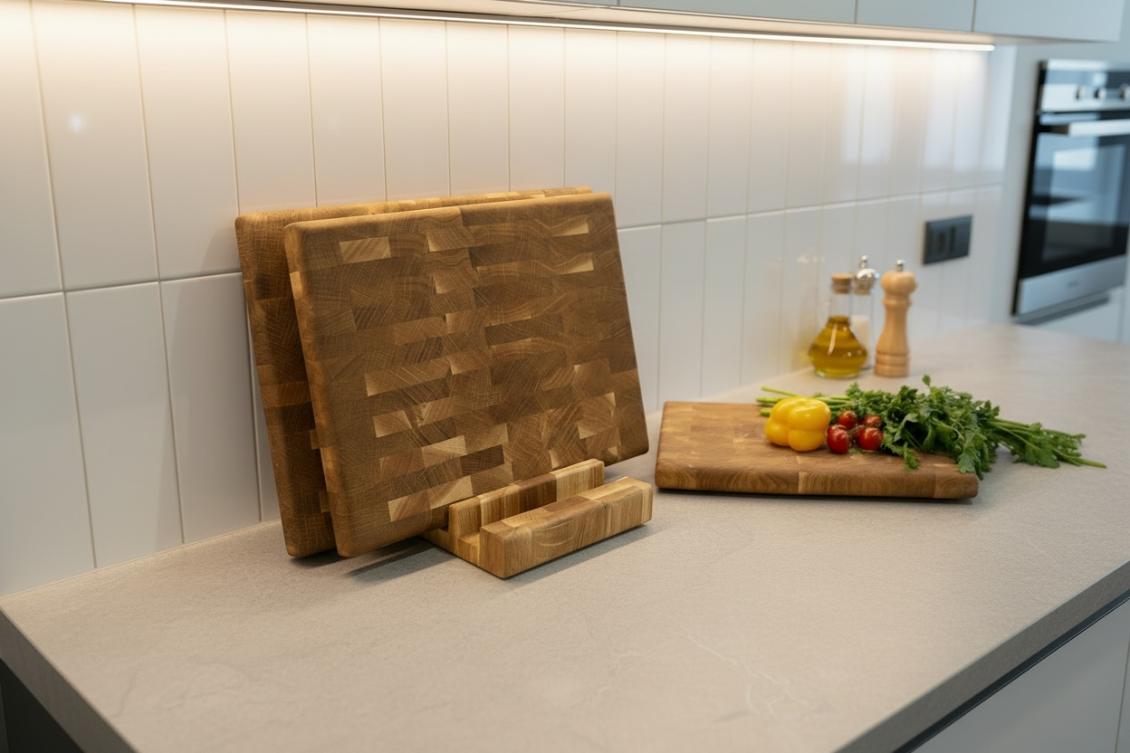 End Grain Oak Cutting Board Set (3 Pieces) with Rounded Sides and Wooden Stand