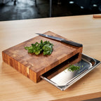 End Grain Oak Cutting Board with Stainless Steel Food Pan – 370×270×60 mm