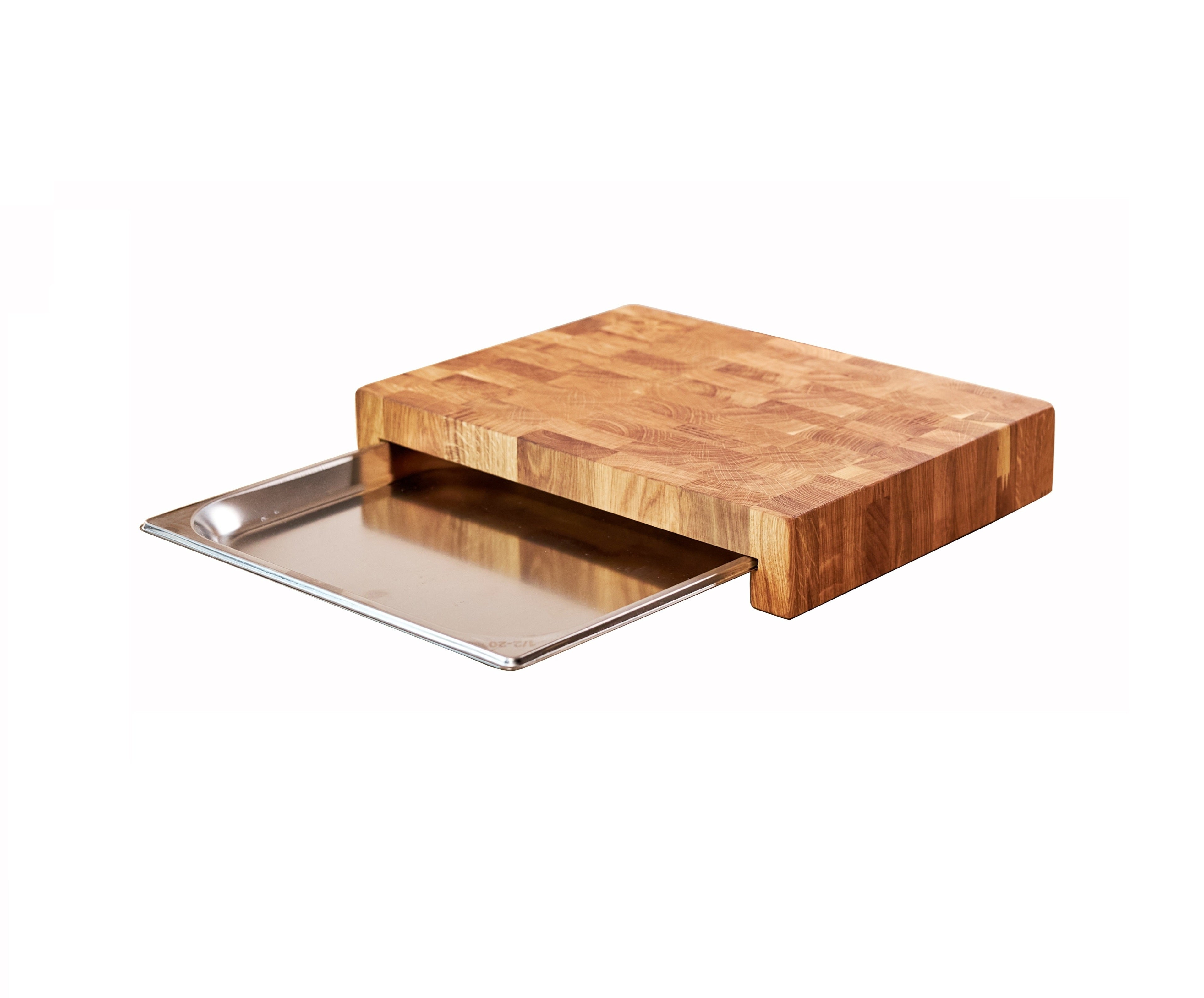 End Grain Oak Cutting Board with Stainless Steel Food Pan – 370×270×60 mm