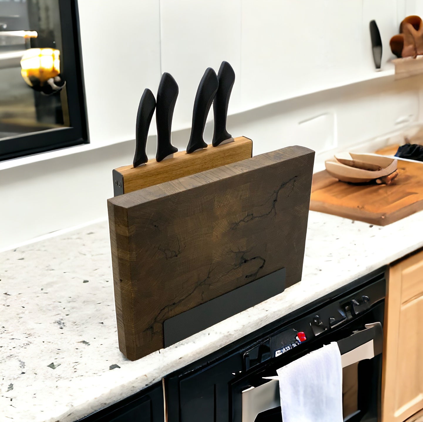 Metal Stand for End Grain Cutting Board with Knife Holder