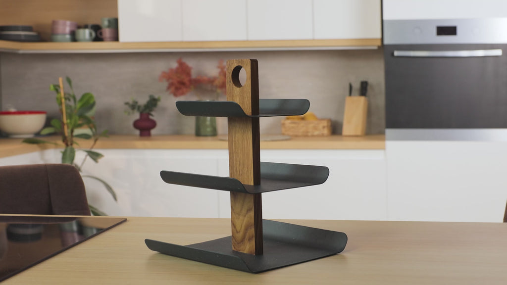 3-Tier Black Metal Fruit Stand with Natural Oak Base