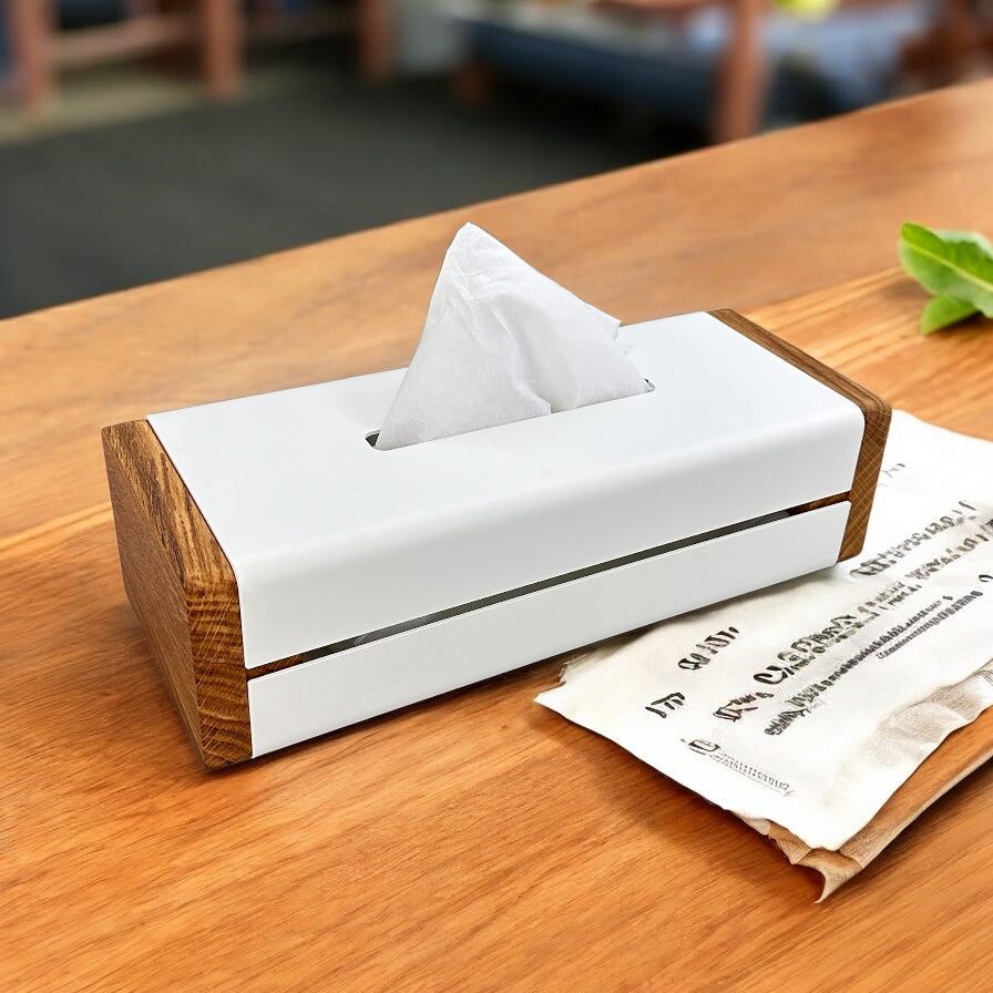 White Metal Napkin Holder with Oak Side Panels