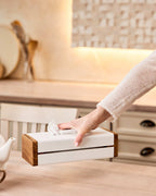 White Metal Napkin Holder with Oak Side Panels