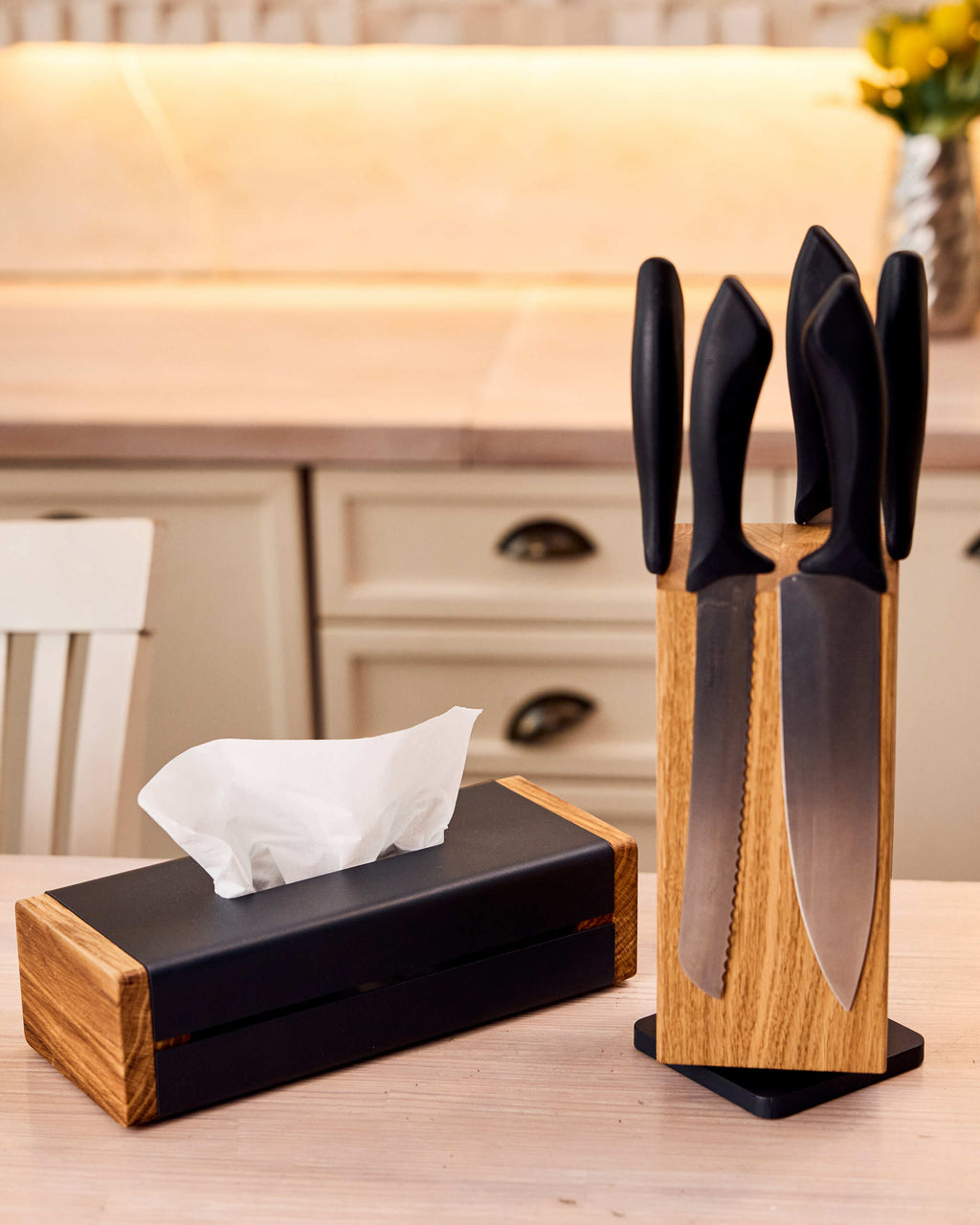 Black Metal Napkin Holder with Oak Side Panels