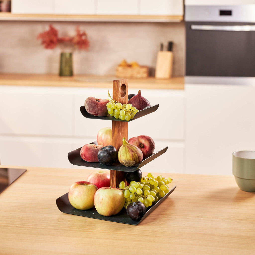 3-Tier Black Metal Fruit Stand with Natural Oak Base