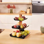 3-Tier Black Metal Fruit Stand with Natural Oak Base