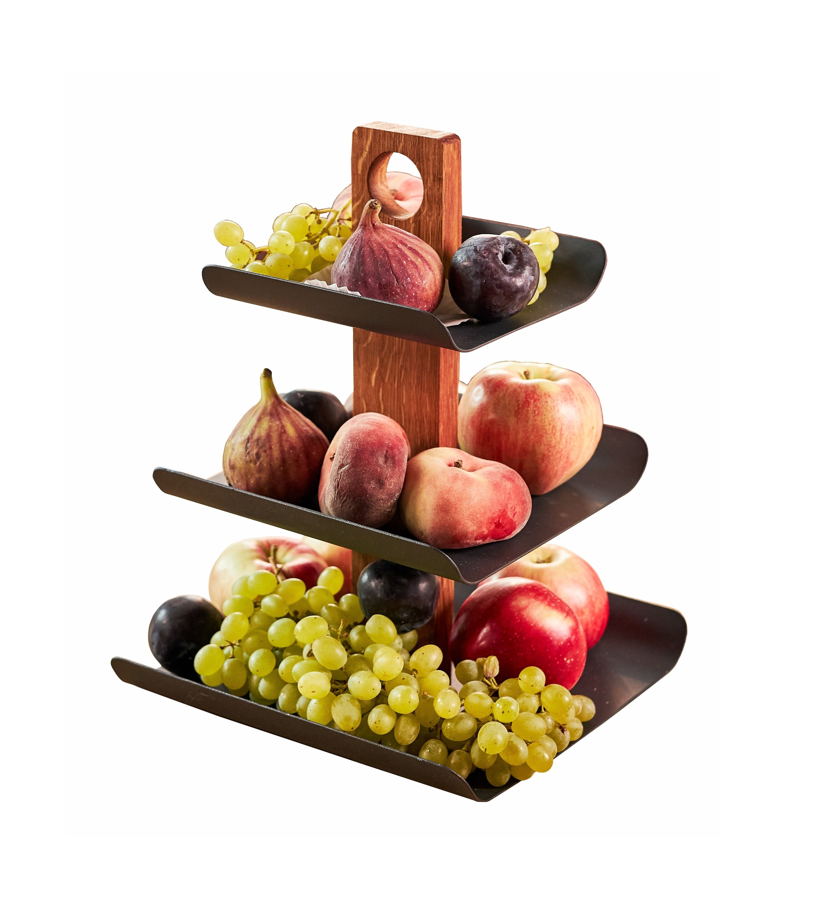 3-Tier Black Metal Fruit Stand with Natural Oak Base
